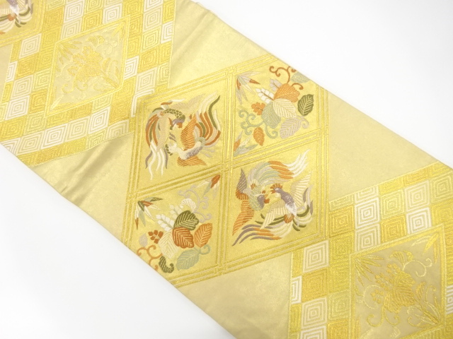 菱に鳳凰・桐唐草模様織り出し　袋帯